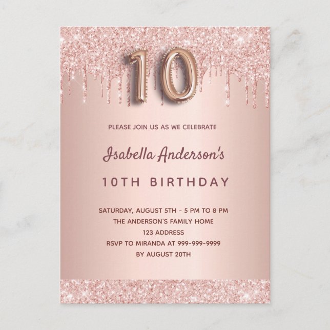 Carte Postale 10e anniversaire rose parties scintillant or goutt (Devant)
