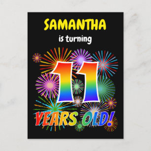 Carte Postale 11e anniversaire - Fun Fireworks, Rainbow Look "11