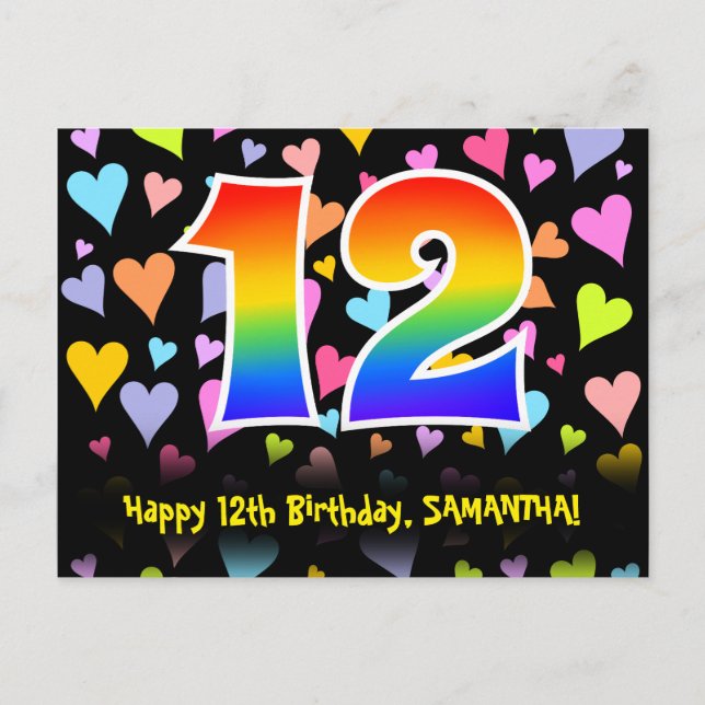 Carte Postale 12e anniversaire : Amusants Coeurs Motif, Arc-en-c (Devant)