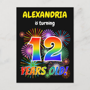 Carte Postale 12e anniversaire - Fun Fireworks, Rainbow Look "12