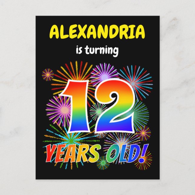 Carte Postale 12e anniversaire - Fun Fireworks, Rainbow Look "12 (Devant)