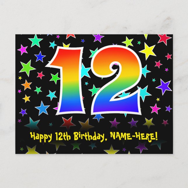 Carte Postale 12e anniversaire : Fun Stars Motif, Rainbow 12, No (Devant)