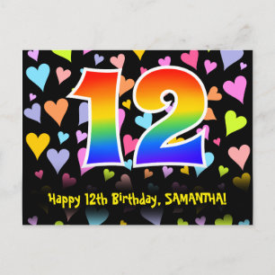 Carte Postale 12e anniversaire : motif coeurs amusants, arc-en-c