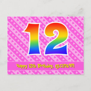 Carte Postale 12e anniversaire : Pink Stripes & Hearts, Rainbow