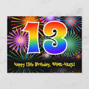 Carte Postale 13e anniversaire - Fun Motif Fireworks + Rainbow 1
