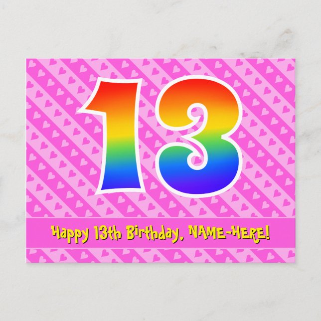 Carte Postale 13e anniversaire : Pink Stripes & Hearts, Rainbow  (Devant)