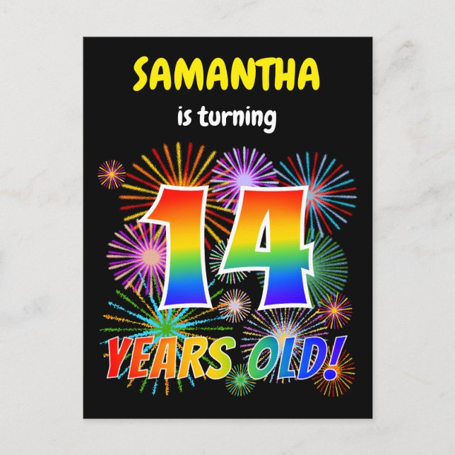 Carte Postale 14e anniversaire - Fun Fireworks, Rainbow Look "14 (Devant)