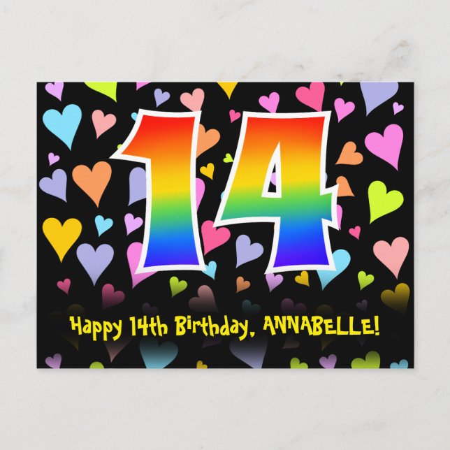 Carte Postale 14e anniversaire : Fun Hearts Motif, Arc-en-ciel 1 (Devant)