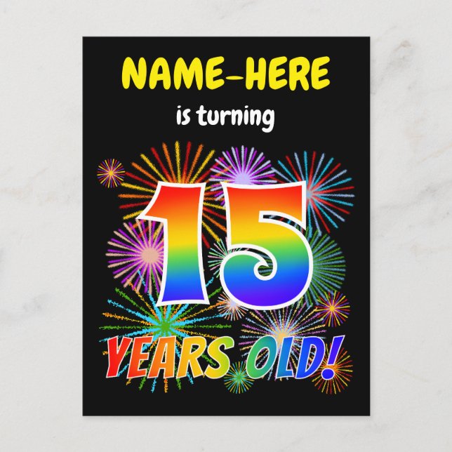 Carte Postale 15e anniversaire - Fun Fireworks, Rainbow Look "15 (Devant)