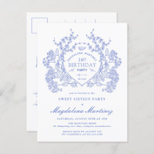 CARTE POSTALE 16e anniversaire Blue Floral Crest I
