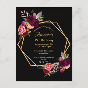 Carte Postale 16e anniversaire bordeaux floral or géométrique no