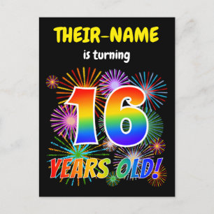 Carte Postale 16e anniversaire - Fun Fireworks, Rainbow Look "16