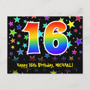 Carte Postale 16e anniversaire : Fun Stars Motif, Rainbow 16, No