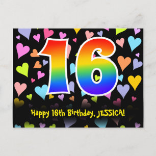 Carte Postale 16e anniversaire : motif de cœurs amusants, arc-en