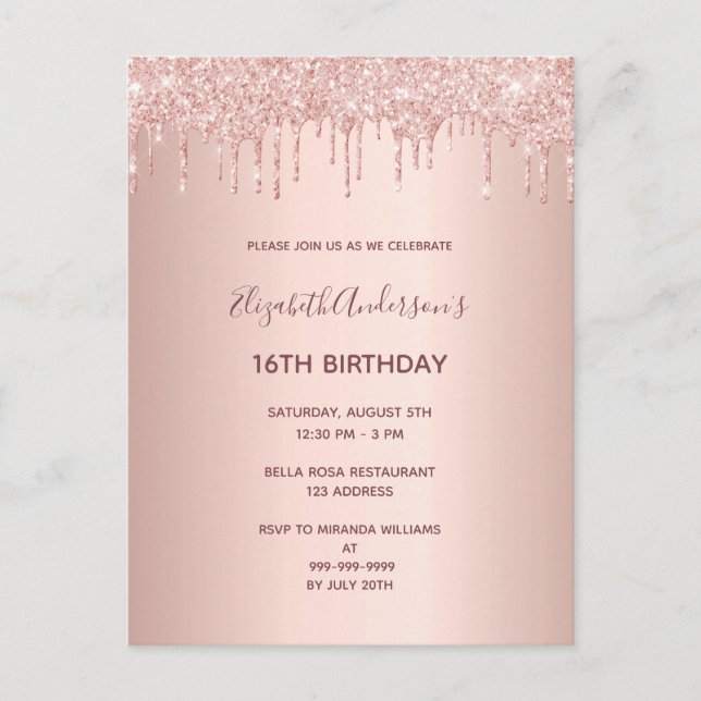 Carte Postale 16e anniversaire rose parties scintillant or invit (Devant)
