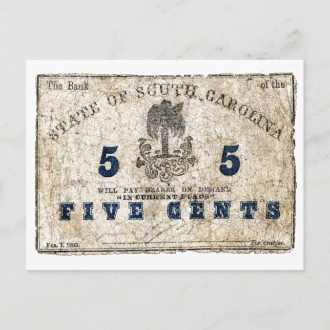 Carte Postale 1863 Caroline du Sud Note de 5 cents (Devant)