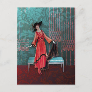Carte Postale 1913 Luxe : Mode vintage en rouge et turquoise