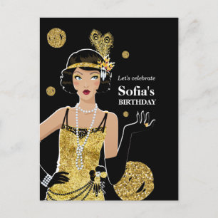 Carte Postale 1920 invitation flapper girl, fête d'anniversaire