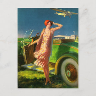 Carte Postale 1930 femme voiture et avion