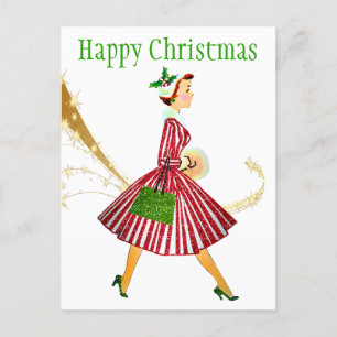 Carte Postale 1950 Vintage femme de Noël avec cadeaux