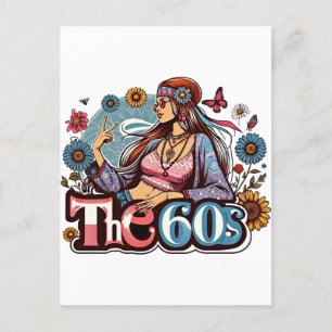 Carte Postale 1960 Hippie fille poussin signe de paix doigts art