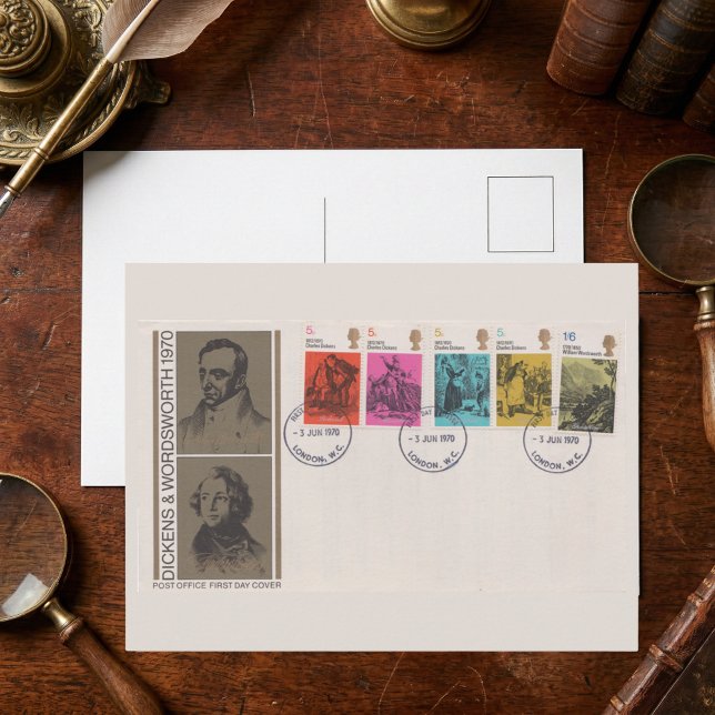 Carte Postale 1970 Dickens & Wordsworth First Day Cover Antique (antique 1970 Dickens and Wordsworth postage stamp postcard, perfect for the analogue archivist)