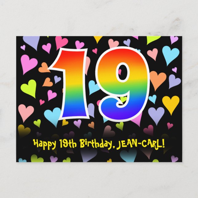 Carte Postale 19e anniversaire : motif coeurs amusants, arc-en-c (Devant)
