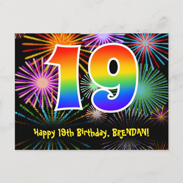 Carte Postale 19e Anniversaire – Motif de feux d'artifice amusan (Devant)