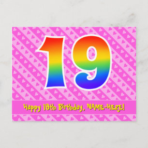 Carte Postale 19e anniversaire : Pink Stripes & Hearts, Rainbow 