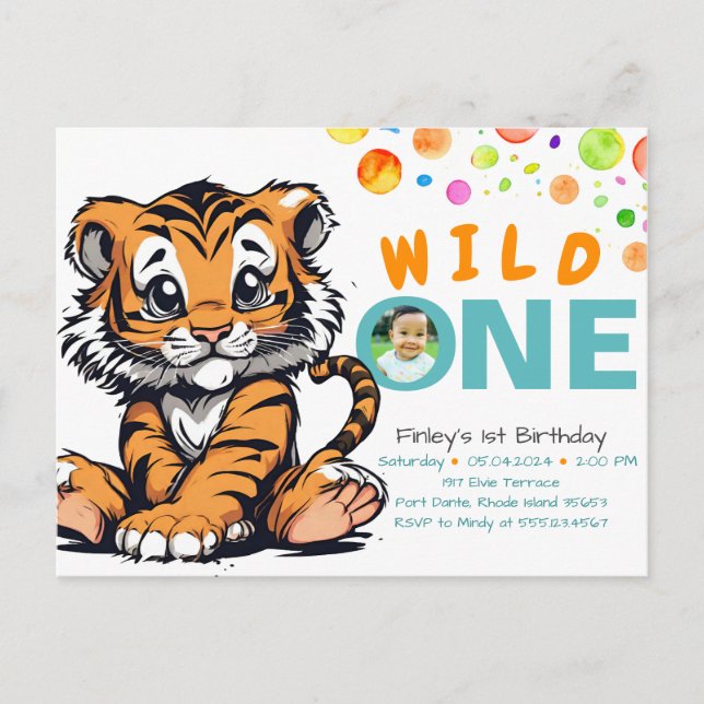 Carte Postale 1er anniversaire de Wild ONE Baby avec tigre et bu (Devant)