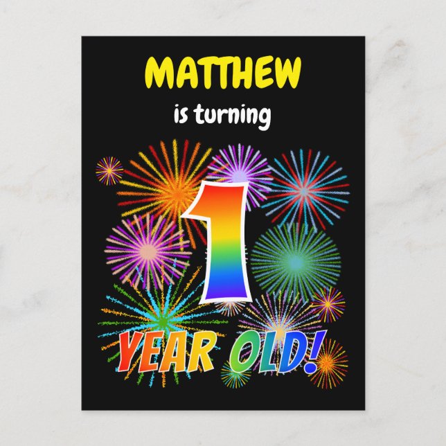 Carte Postale 1er Anniversaire - Fun Fireworks, Rainbow Look "1" (Devant)