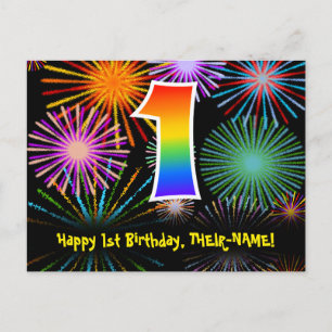 Carte Postale 1er anniversaire - Fun Motif Fireworks + Rainbow 1
