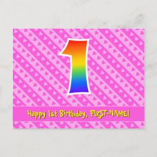 Carte Postale 1er anniversaire : Pink Stripes & Hearts, Rainbow 