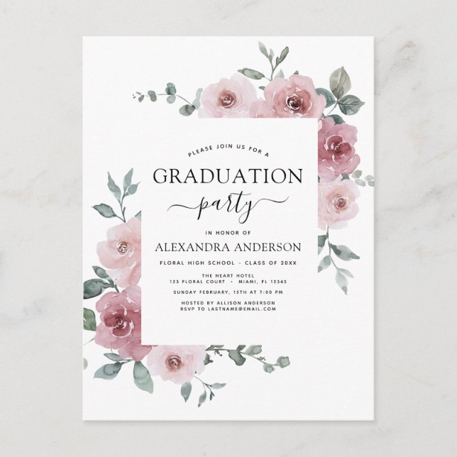 Carte Postale 2022 Dusty Pink Graduation Floral Greenery Invitat (Devant)