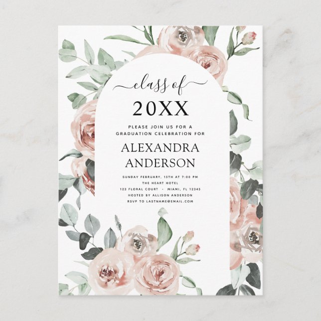 Carte Postale 2022 Dusty Pink Graduation Floral Greenery Invitat (Devant)