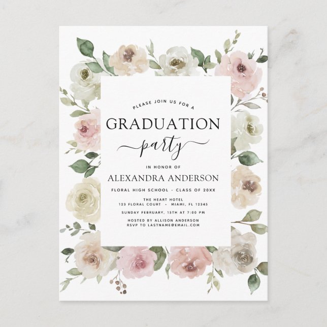 Carte Postale 2022 Dusty Pink Graduation Floral Greenery Invitat (Devant)