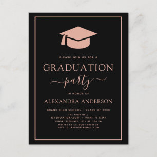 Carte Postale 2022 Graduation Party Blush rose noir élégant Inv