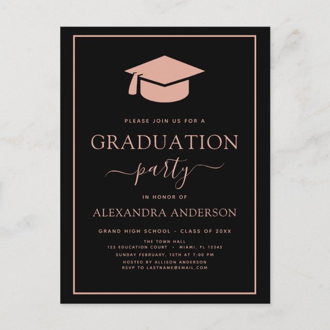 Carte Postale 2022 Graduation Party Blush rose noir élégant Inv (Devant)