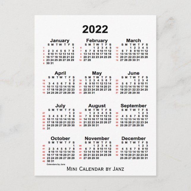 Carte Postale 2022 White 52 Week Calendar par Janz Postcard (Devant)