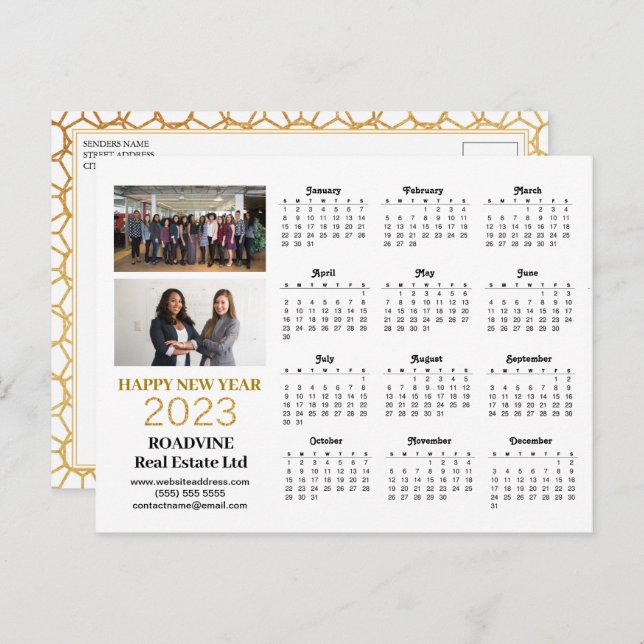 Carte Postale 2023 Business Photo Modern Gold Script Calendrier (Devant / Derrière)