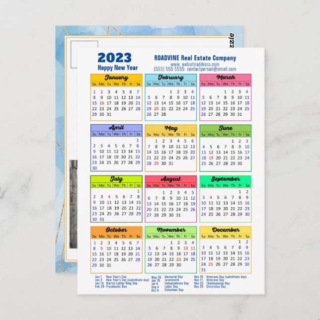 Carte Postale 2023 Calendrier annuel moderne Entreprise Blue Gol (Devant / Derrière)