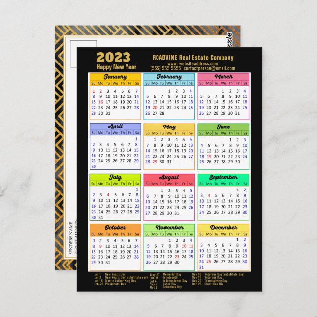Carte Postale 2023 Entreprise Black Gold Script Calendrier moder (Devant / Derrière)