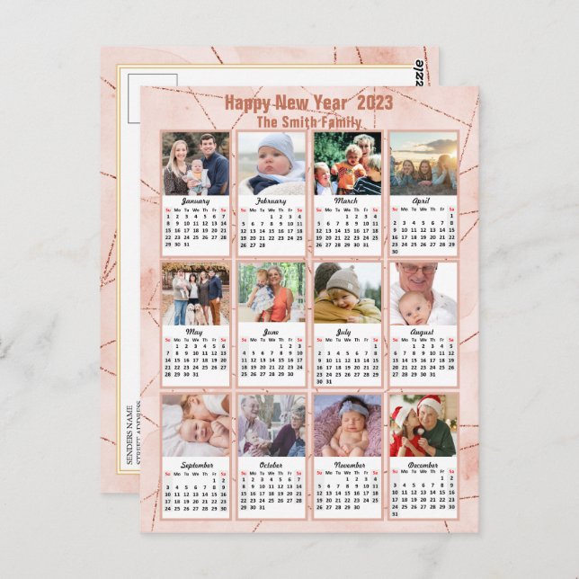 Carte Postale 2023 Rose Gold Modern Family 12 Calendrier photo (Devant / Derrière)