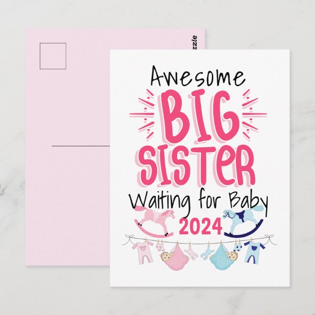 Carte Postale 2024 Big Sister Attente de nouveau bébé frère (Devant / Derrière)