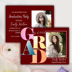 Carte Postale 2025 GRAD Deux Photo Red Graduate Faire-part