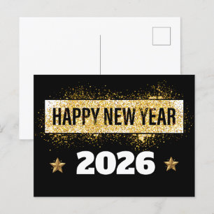 Carte Postale 2026, Bonne année ! Étoiles brillantes Or & Noir