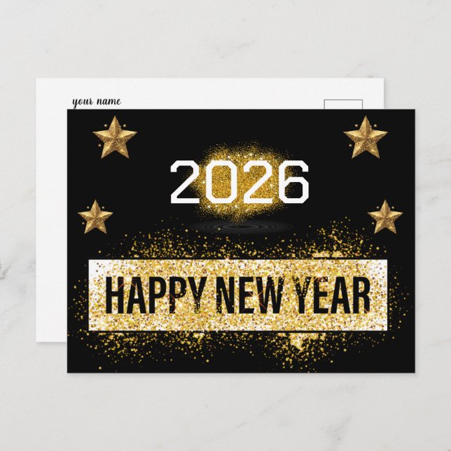 Carte Postale 2026, Bonne année ! Étoiles brillantes Parties sci (Devant / Derrière)