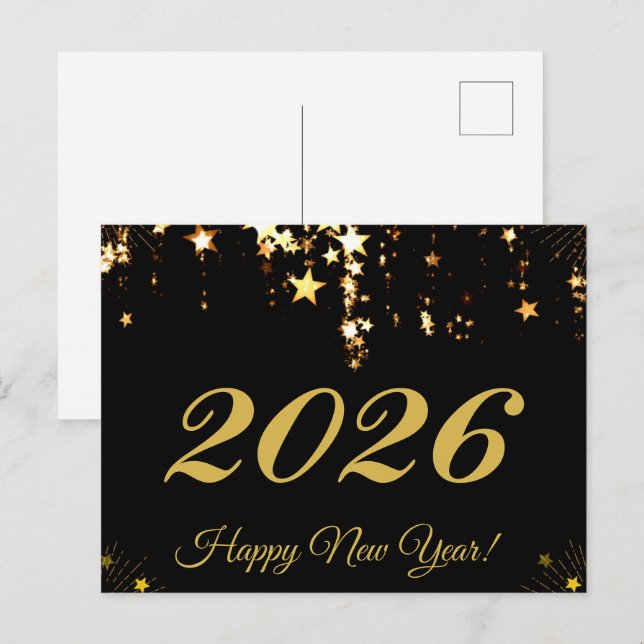 Carte Postale 2026, Bonne année ! étoiles d'or et arrière - plan (Devant / Derrière)