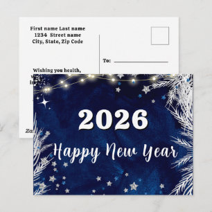 Carte Postale 2026, Bonne année! Fête bleue Joyeux Noël
