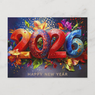 Carte Postale 2026 Bonne Année Floral Moderne Coloré